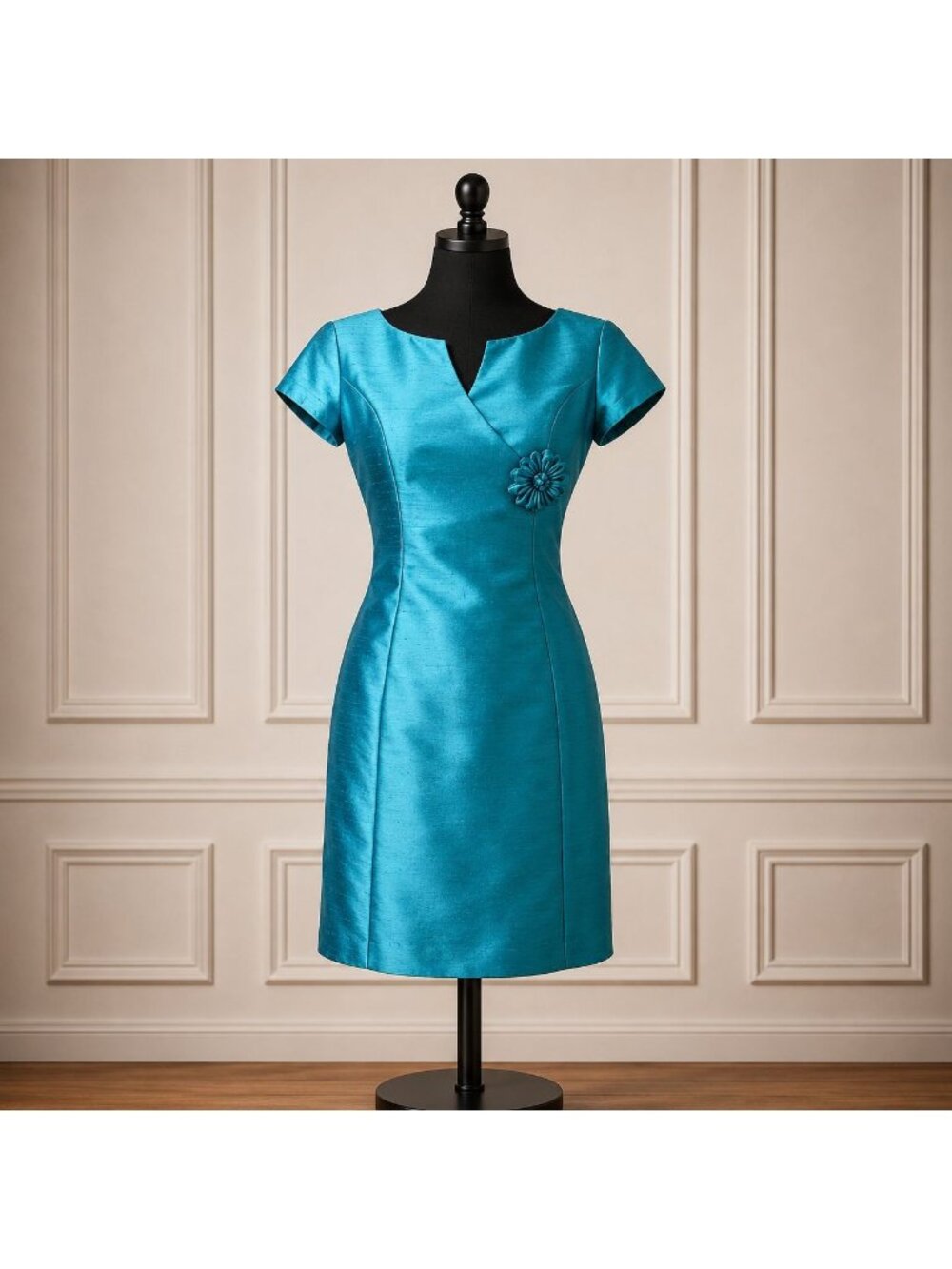 Parnes Feinstein Vintage 80s Silk Shantung Teal Blue Wiggle Dress Medium 60s